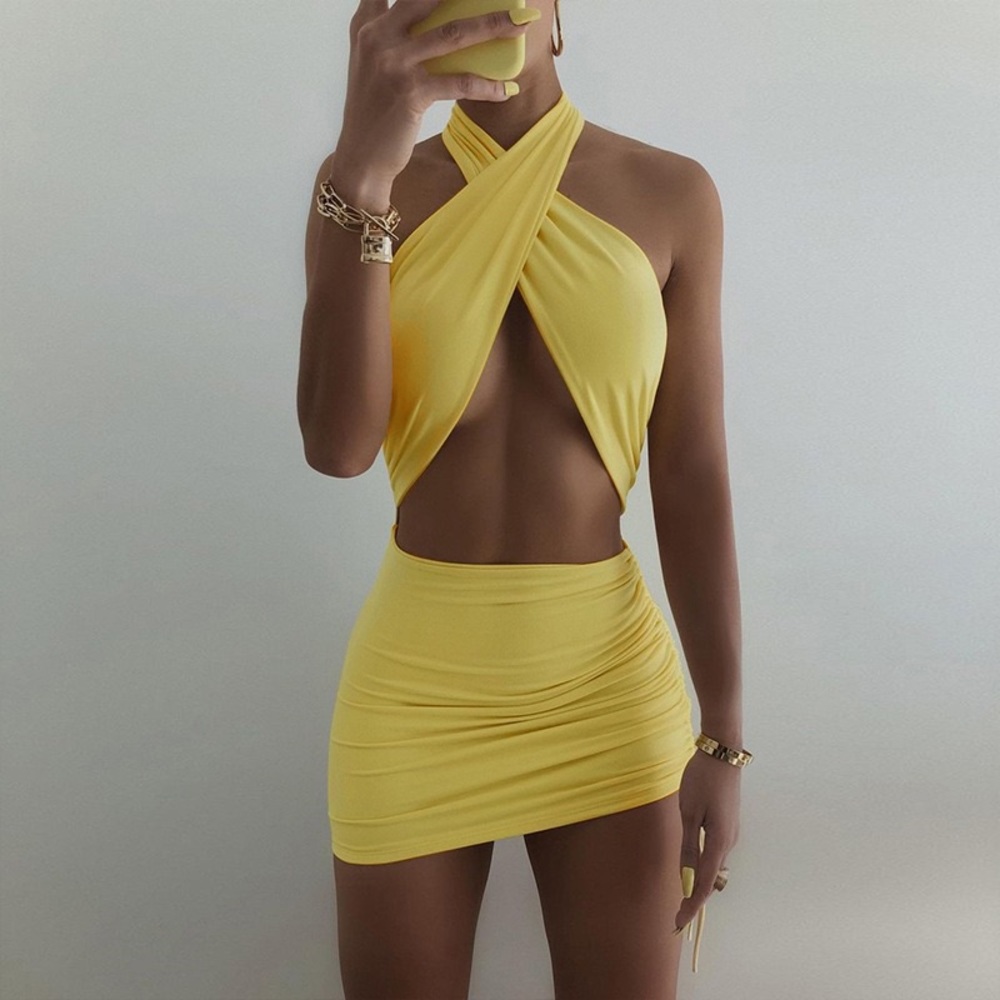 Simple and sexy backless minidress- yellow